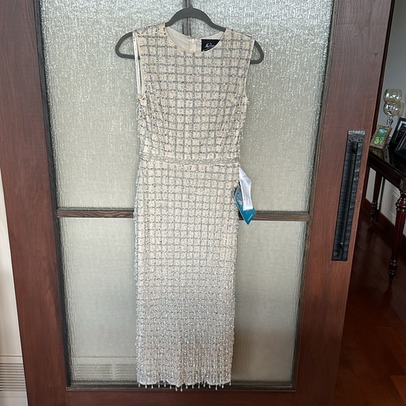 Mac Duggal 5471 Sleeveless High Neck Beaded Midi Sheath Dress NWT Nude - Picture 4 of 11